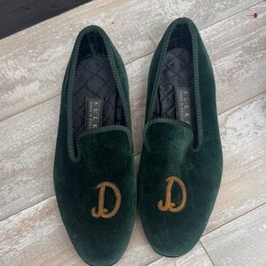 Sulka Green Velvet Slippers w/ Gold  Embroidered 'D’  Sz: 7.5 Made in England